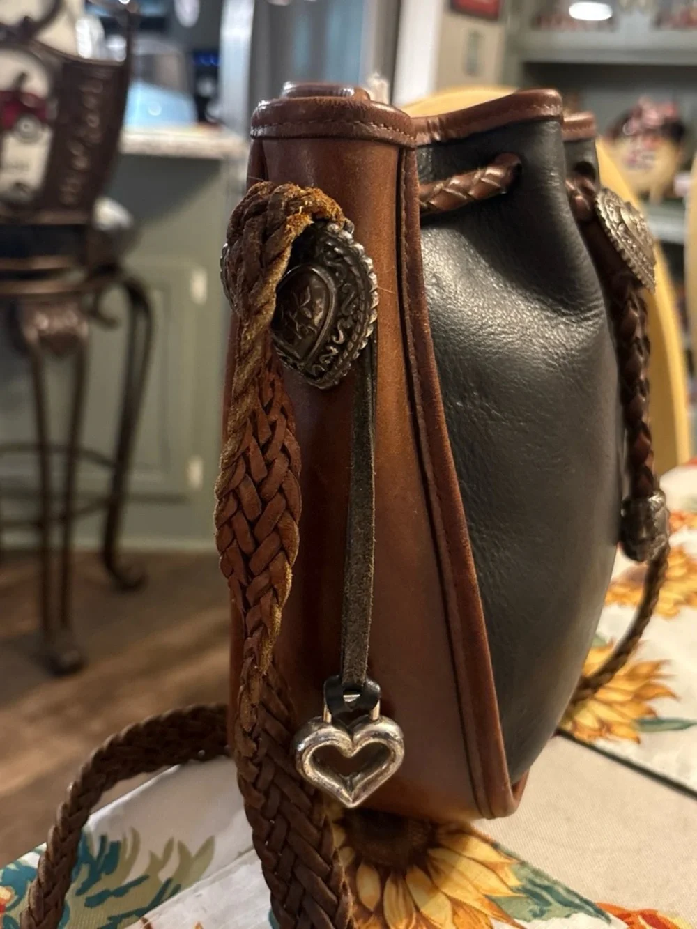 Brighton Brown and Tan Braided Leather Crossbody with Heart Concho